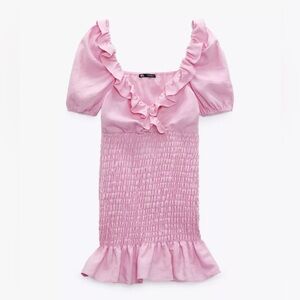 Zara Pink Linen Smocked Ruffle Mini Dress, Square Neck Size XS